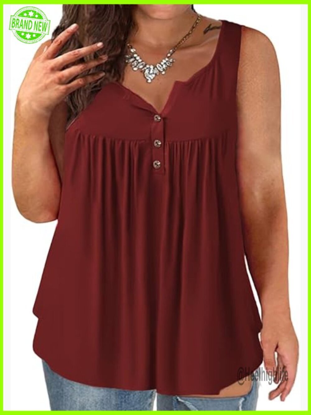 Plus Size Flowy Henley Tunic Tank Top with Pleated Detail